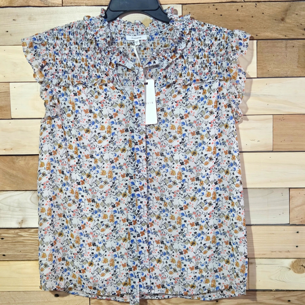 Pleione Floral Smocked Tie Neck Flutter Sleeve Boho Cottagecore  Lined Sz XS